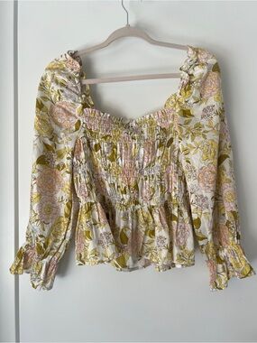 Who What Wear - Smocked Floral Peasant Top in Pink and Olive - NWT!